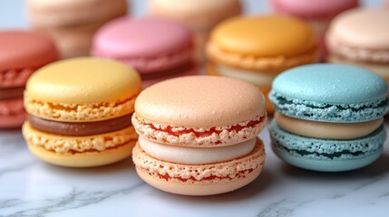 Fototapeta premium A delightful assortment of pastel-colored macarons, meticulously arranged on a pristine marble surface. Each delicate shell showcases a unique filling, hinting at exquisite flavors and textures.