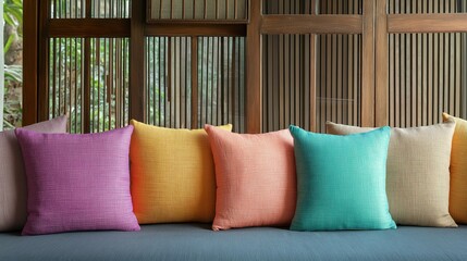 Group of six colorful throw pillows arranged on a gray couch in front of a wooden wall with vertical blinds. the pillows are of different colors - pink, orange, yellow, green, blue, beige, and beige.