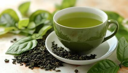 Soothing Green Tea in a Green Cup with Loose Leaf Tea
