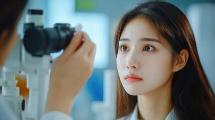 Young Asian Woman Undergoing Comprehensive Eye Examination by Optometrist