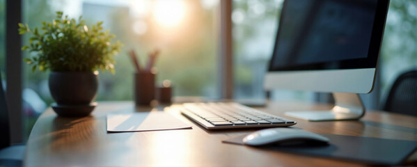 Modern office desk with computer and plant representing productivity and creativity with copy space