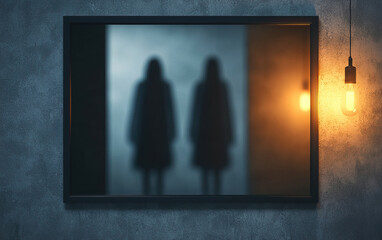 haunted mirror reflecting ghostly figures dimly lit room creates eerie atmosphere. shadows evoke sense of mystery and suspense
