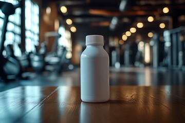 Blank White Supplement Bottle Mockup in Modern Gym Setting