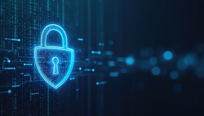 Padlock icon over binary code background. Cyber data protection and privacy concept. Cyber security, internet and networking technologies protect digital business, online financial transactions.