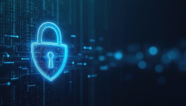Padlock icon over binary code background. Cyber data protection and privacy concept. Cyber security, internet and networking technologies protect digital business, online financial transactions.