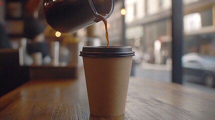 Pouring Freshly Brewed Coffee Into A Paper To Go Cup