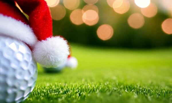 golf ball on green grass wearing a christmas santa claus hat