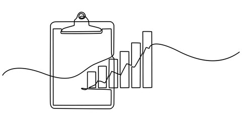 Continuous one line drawing of clipboard with statistics graph. One line drawing illustration of graph on clipboard. World statistics day concept line art. Editable outline, Growth graph icon business