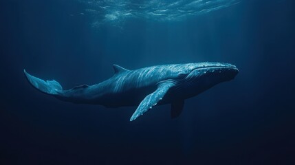 Fototapeta premium Majestic blue whale gracefully navigating the deep blue ocean waterscape, sunlight above