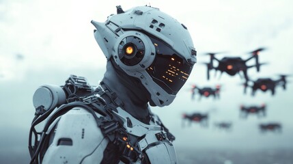 Advanced drone operator controlling swarm, future warfare technology concept