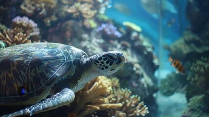 Obraz premium Sea turtle swimming among vibrant corals and diverse marine life