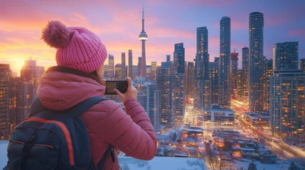 Wandcirkels Paars Capturing sunset skyline view from high point in Toronto with CN Tower and city lights glowing  © SerPhoto
