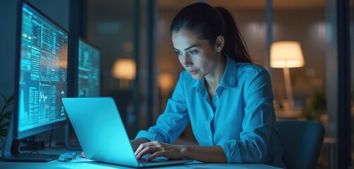 Woman analyzes data on laptop in modern office. Businesswoman works at night, uses computer for coding, trading, forecasting, management. Intelligence, planning, collaboration, result. Development,