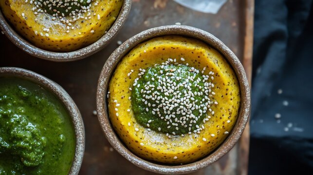 Top view of handvo Savory Gujarati Lentil Cake garnished sesame seeds and served with tangy green chutney