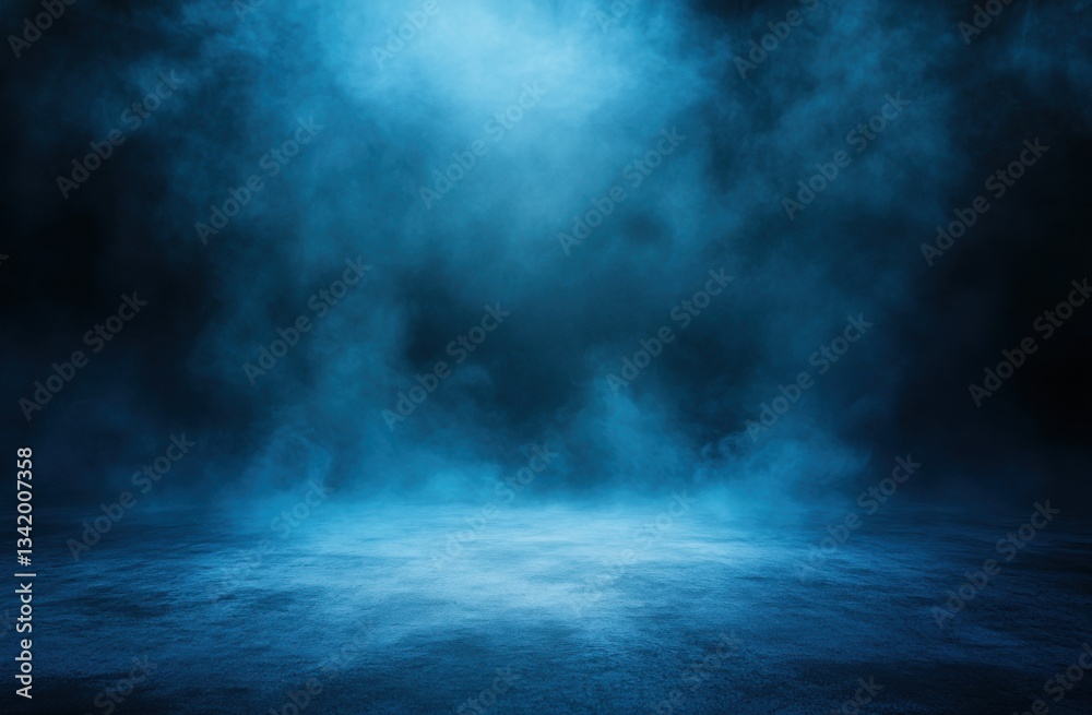 Poster abstract background of blue mist in a dark room, an empty scene for product presentation with smoke 