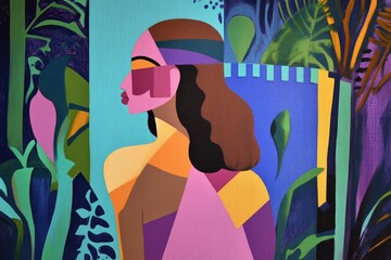 A vibrant artwork of a woman with curly hair, surrounded by lush foliage and abstract designs. The colors blend harmoniously, creating an energetic atmosphere in a natural setting.