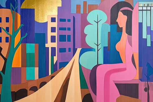 A vibrant cityscape features an abstract female figure amid geometric buildings and trees. The warm colors depict a lively atmosphere, suggesting activity and movement in the urban setting.