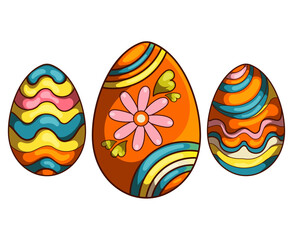 Psychedelic Easter eggs decorated with floral and wavy patterns displayed together on a white background