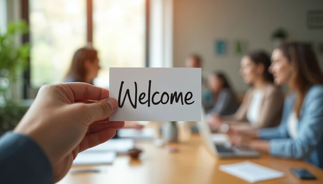 Person holds Welcome sign at office meeting. Team greeting new colleague. Onboarding process, warm welcome in friendly corporate atmosphere. Introduction to team, new job and career start.