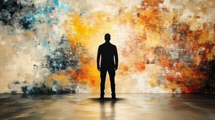 Silhouette figure in abstract art space