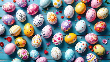Colorful Hand-Painted Easter Eggs on Rustic Blue Wooden Background with Floral Decorations &ndash; Festive Spring Holiday Concept