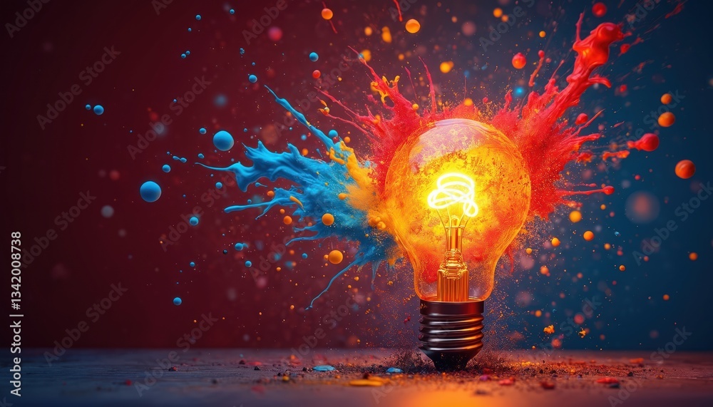 Poster light bulb bursts with multicolored splashes of paint, sparks. electric lamp shines. creative idea, 