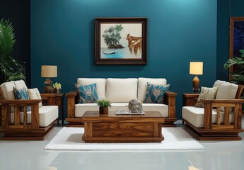 A stylish living room with blue walls, wooden furniture and decor, creating an atmosphere of tranquility and sophistication