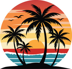Retro Sunset with Palm Trees – Vintage Tropical Vector Design