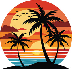 Retro Sunset with Palm Trees – Vintage Tropical Vector Design