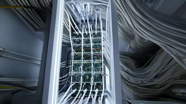Quantum computer. High-Tech Server Farm With Rack Hardware and Cables in a Data Center