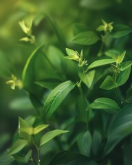 Obraz premium Lush Green Leaves and Flowers in Soft Natural Light