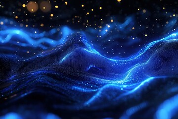 Abstract blue and gold landscape with glowing particles mimicking a starry night
