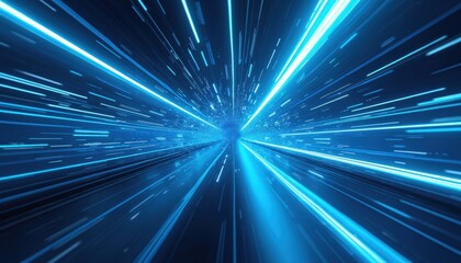 Abstract blue background features bright light streaks. Glowing neon rays create speed motion illusion. Futuristic tech, cyberspace concept. Energy burst with dynamic glowing lines, fiber optics