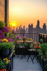 Beautiful sunset view from a city balcony adorned with vibrant flowers and a cozy table setup perfect for relaxation