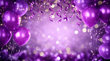 Vibrant purple party celebration with balloons and sparkling lights in festive atmosphere