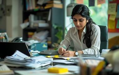 An Indian woman wearing a formal shirt and black pants, writing on sticky notes while talking on the phone, 