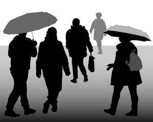 Vector silhouettes of passers-by. People walking under an umbrella. A couple moving away into the distance. A woman with a bag. Side and back views.