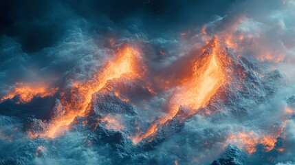 Fiery Mountainscape:  Orange And Blue Flames In Dark Night Sky