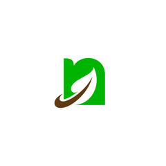 letter n logo with natural green leaf combination in flat design style