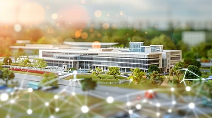 Modern building architectural model with connected network concept.  Ideal for business, technology, and urban development projects.