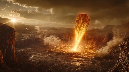A dramatic landscape depicts a volcanic eruption with a fiery flow
