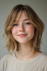 Fototapeta premium Young woman with medium-length hair smiles warmly while wearing a soft sweater against a neutral background in a casually intimate atmosphere