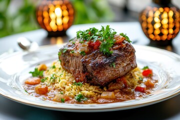 Halal food religion faith connection. Delicious steak served on a bed of rice with garnishes.