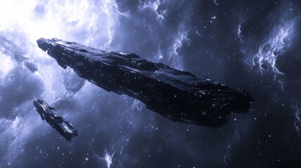 Naklejka premium Dark Spaceships in a Blue Nebula