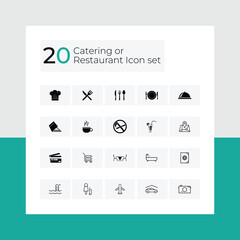 Catering icon set fork, spoon, knife, plate, chef hat, and cloche or tray icon. Cutlery icon set in line and flat style. Dinnerware icon symbol. Restaurant sign and symbol. Vector