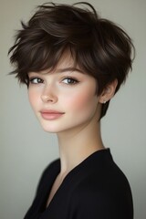 Fototapeta premium Young woman with stylish short hair and natural makeup posing in a minimalist setting while gazing softly at the camera during bright indoor lighting