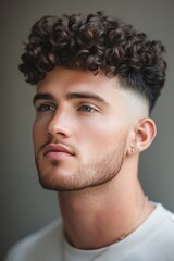 Fototapeta premium Young man with curly hair and fade hairstyle standing in soft light against a neutral background