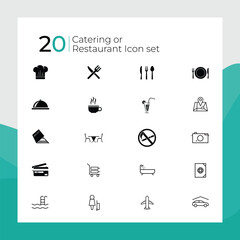 Catering icon set fork, spoon, knife, plate, chef hat, and cloche or tray icon. Cutlery icon set in line and flat style. Dinnerware icon symbol. Restaurant sign and symbol. Vector