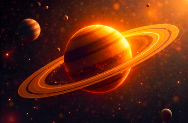 majestic planetary system orbiting orange gas giant	
