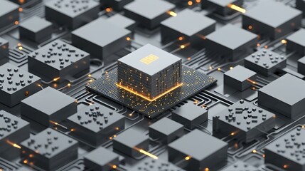 Abstract 3D rendering of a futuristic technological circuit board with glowing elements.  Ideal for tech, AI, and digital concepts.